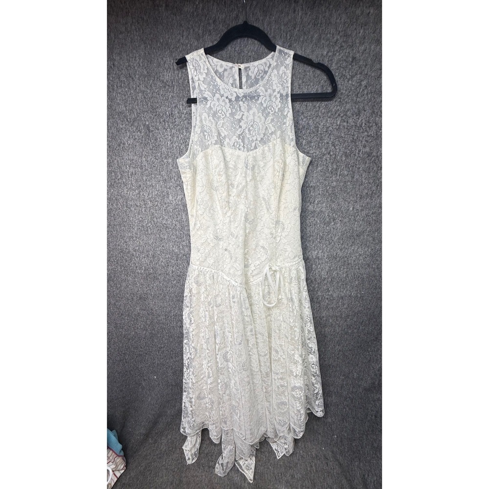 Roberta California Lace Sparkle Drop Waist‎ Dress Ivory Sleeveless Midi Y2k